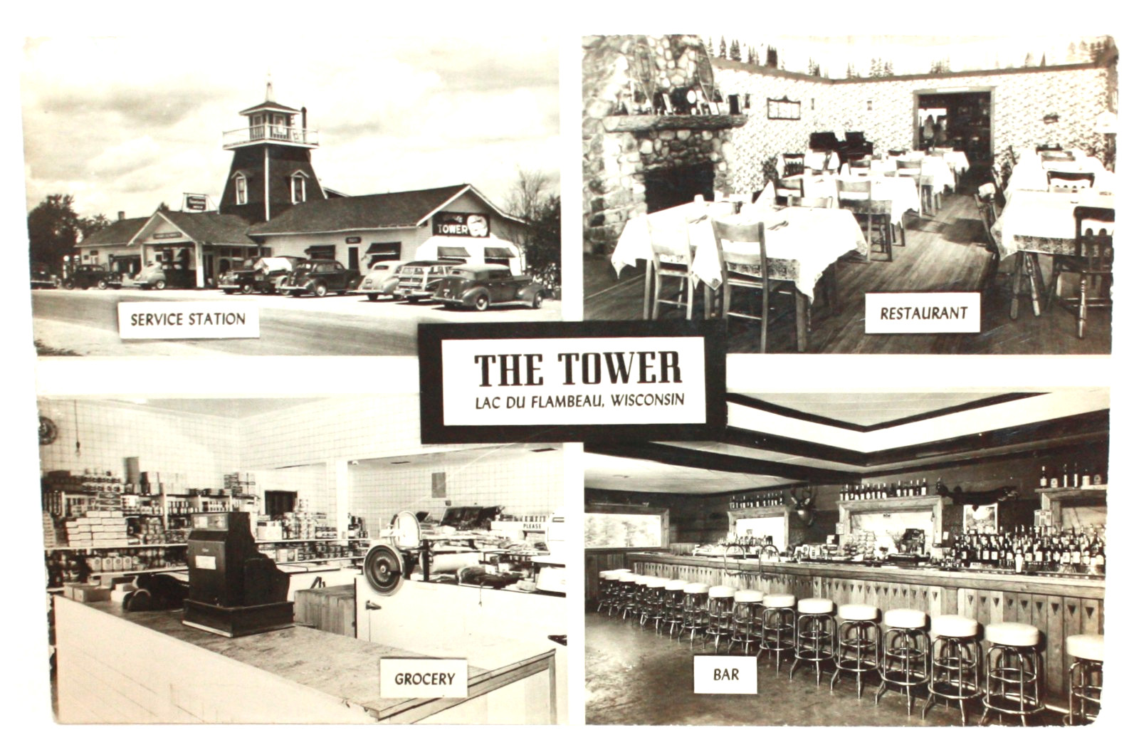 Tower Service Station Bar Grocery Restaurant Lac Du Flambeau WI Postcard Rppc