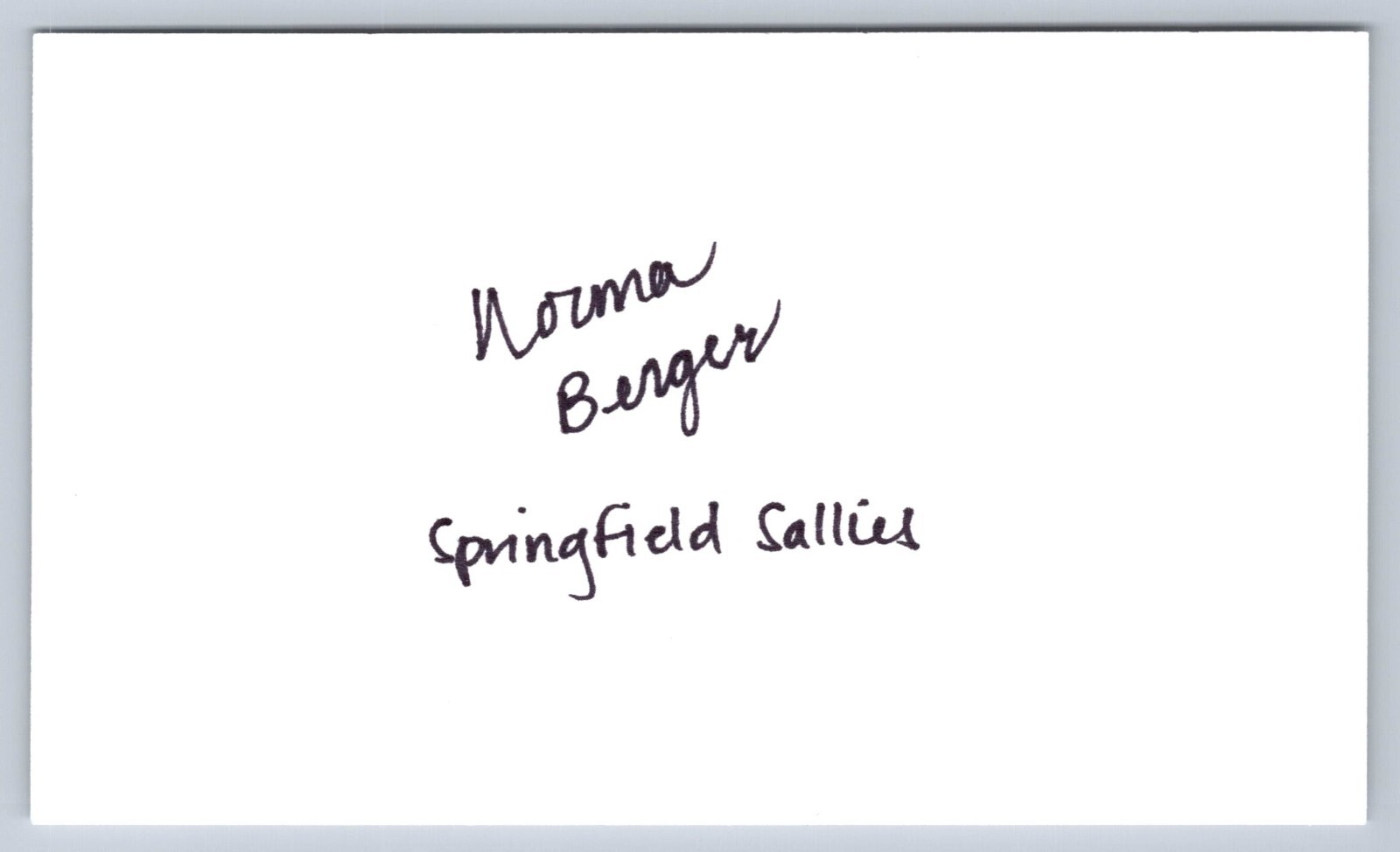 Norma Berger hand signed Index Card - Baseball - AAGPL - Springfield Sallies