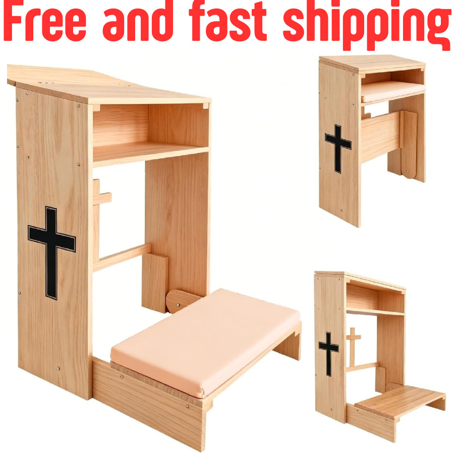 Wooden Prayer Kneeler with Storage Shelf & Cushion - Folding Prayer Bench for