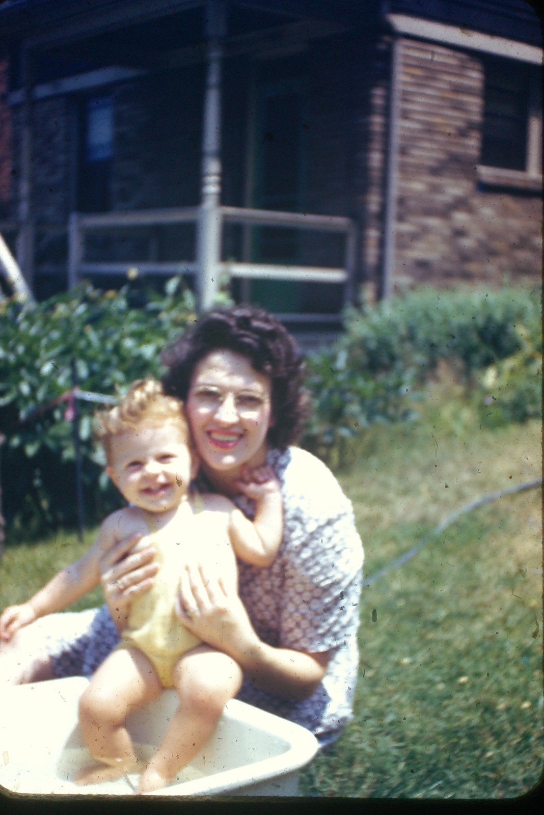 c1940\'s 35mm Slide Unknown Film, Mother Baby Portrait Backyard Home American