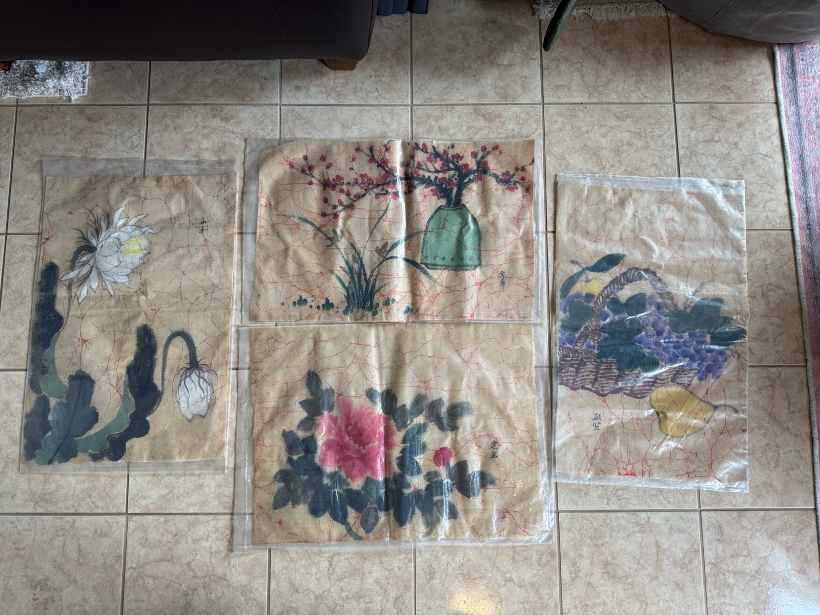 Vintage Chinese Batik Fabric Paintings Set of 4 Taiwan Art Floral Fruit