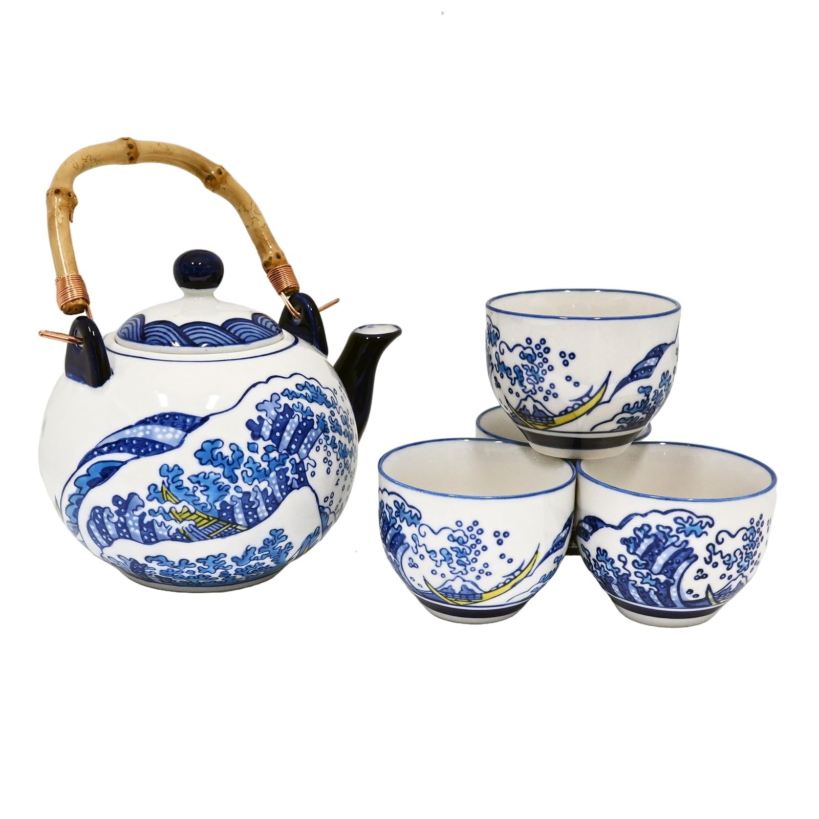 Urban Tokyo Hokusai Great Wave Porcelain Tea Set 30oz Teapot 4 Cups Blue White