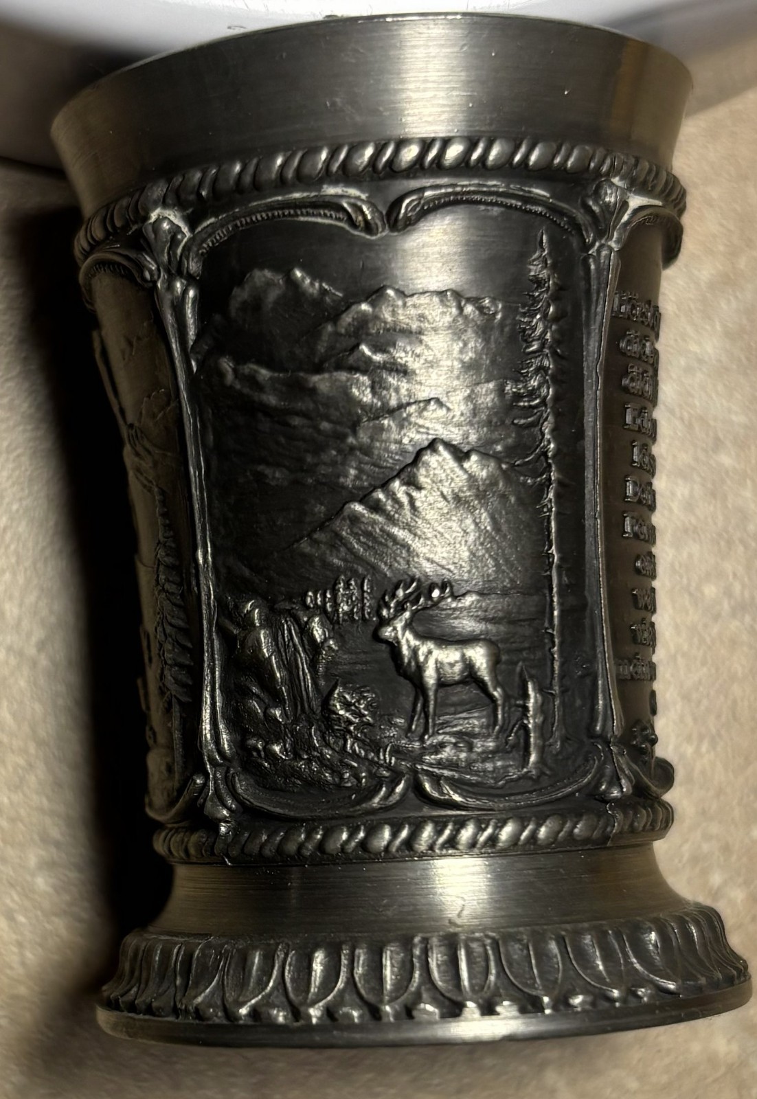 SKS ZINN 95% Pewter Shot Glass, 4 Raised Relief Designs, Made in Germany 2.20\ SKS ZINN 95% Pewter Shot Glass, 4 Raised Relief Designs, Made in Germany 2.20\