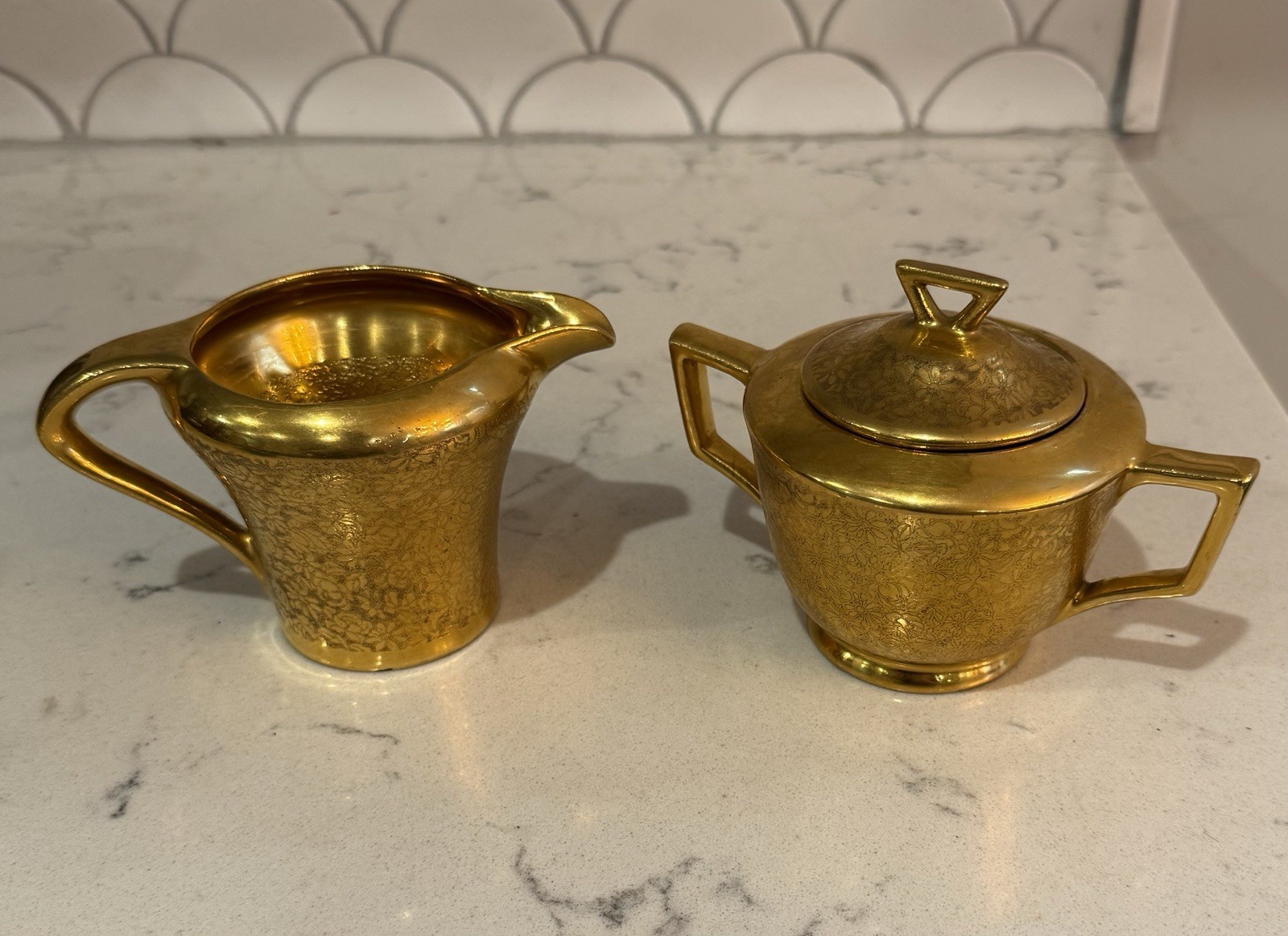 Vintage Stouffer Creamer & Sugar Set Floral Etched Gold Plated All Over