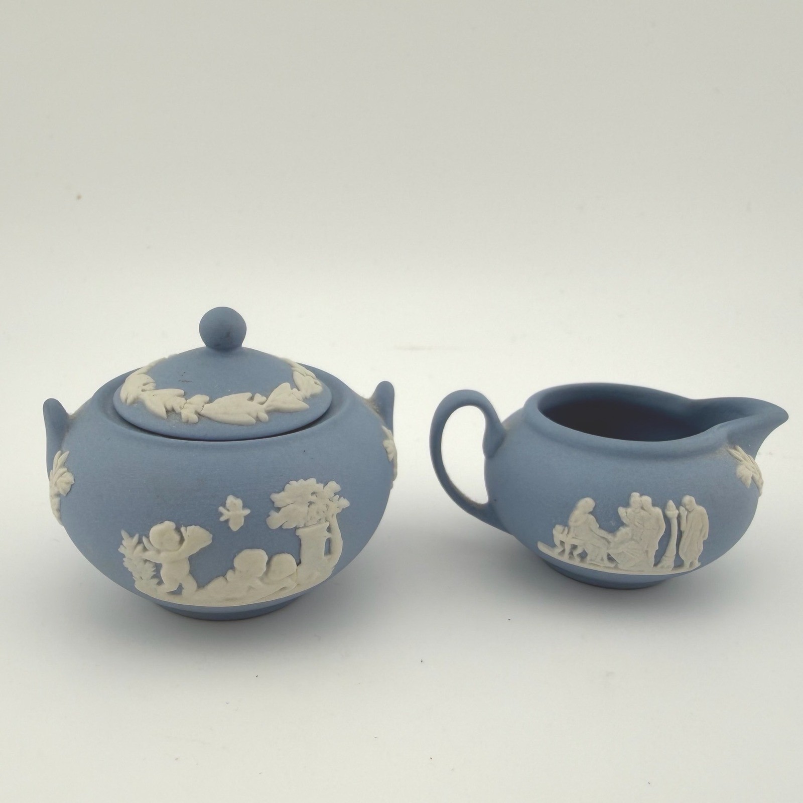 Wedgwood Jasperware Miniature Cream and Sugar Set Blue White Neoclassical Set
