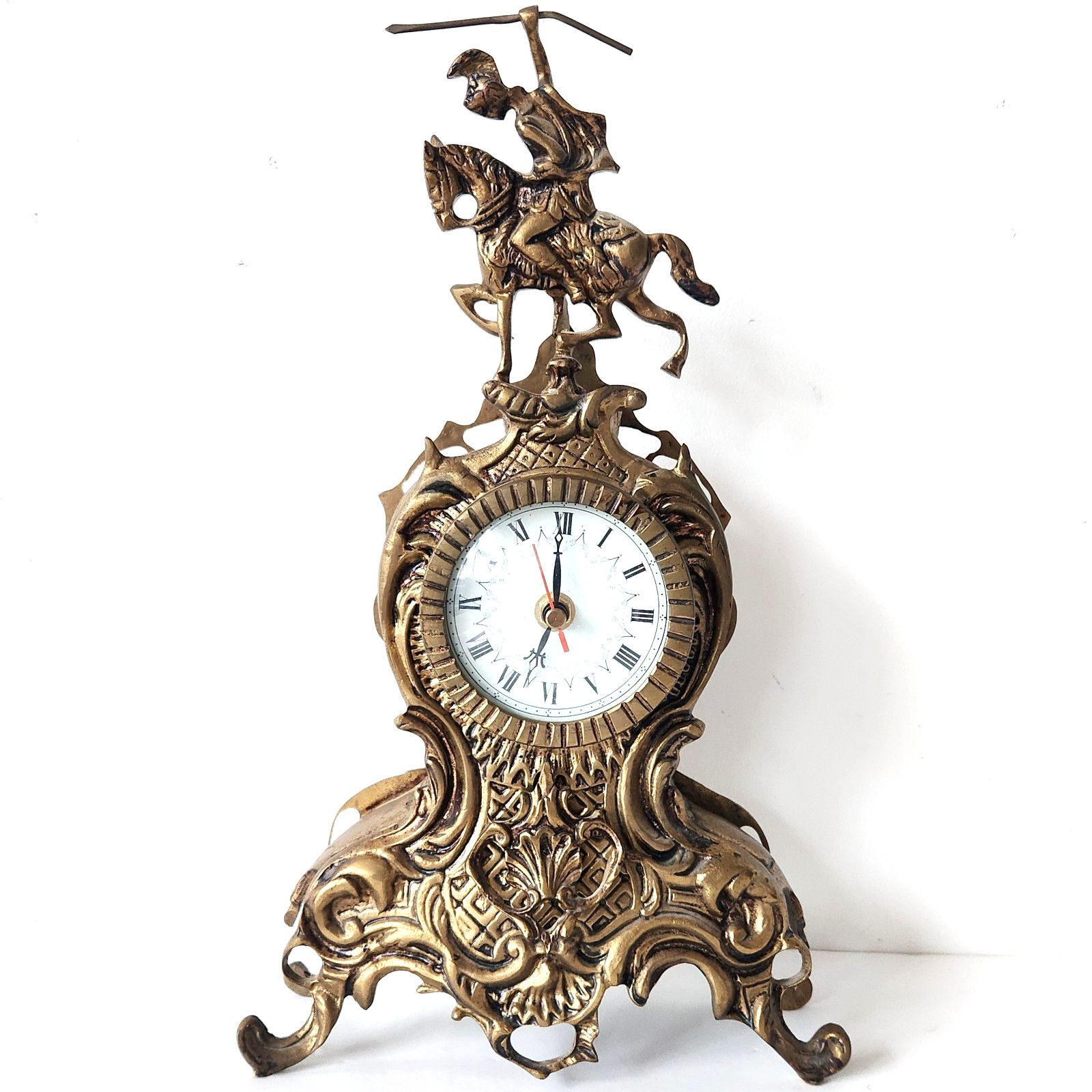 Vintage 1970s Solid Brass Jousting Knight Horse Mantel Clock 15\