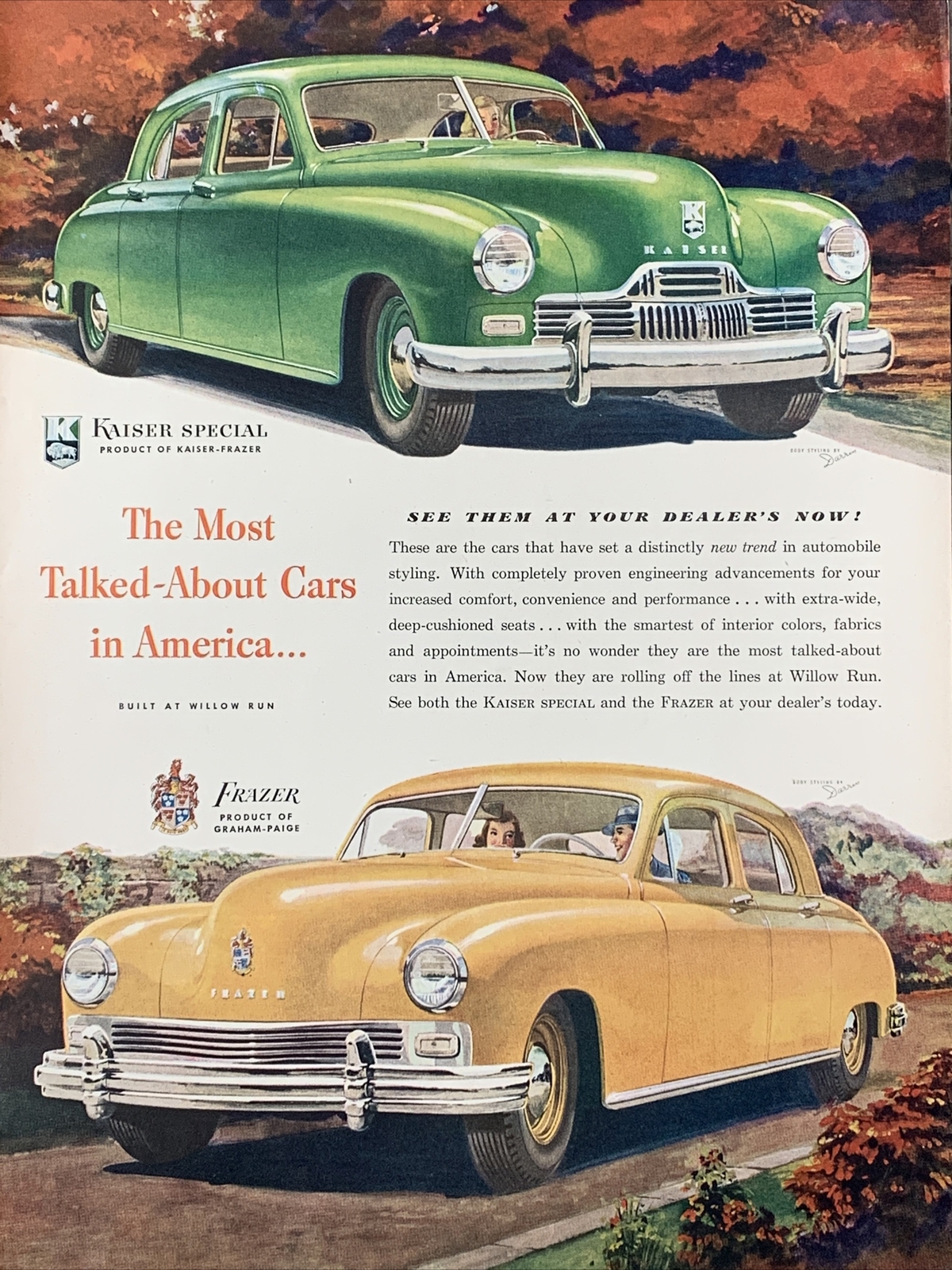 Vintage 1946 Kaiser-Fraser print ad. The Most Talked About Cars In America
