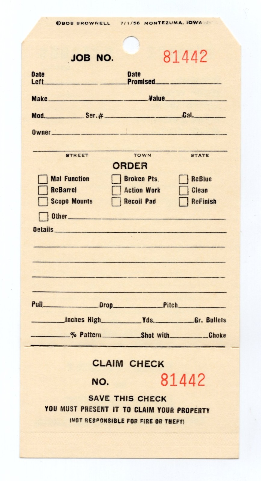 1950s - Bob Brownell Montezuma Iowa Gunsmith Claim Check - XL2S