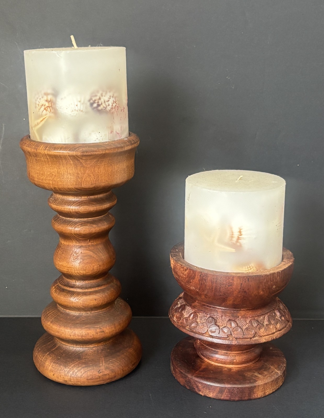 2 Vintage Carved Wooden Candlestick Holders Retro Art BoHo Hardwood Cottage