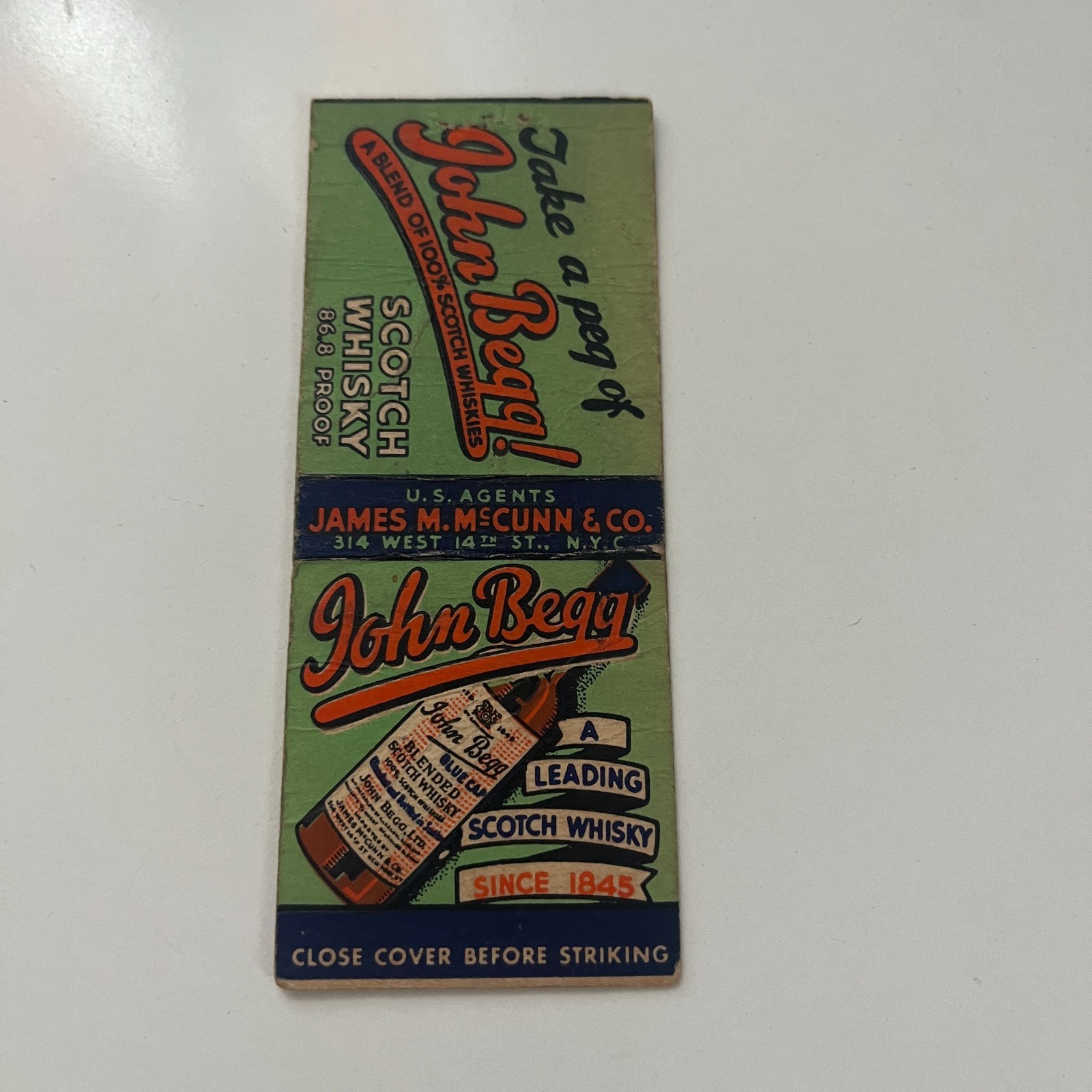 John Begg Whiskey James M McCunn & Co NYC Vintage Matchbook Cover MB46-4