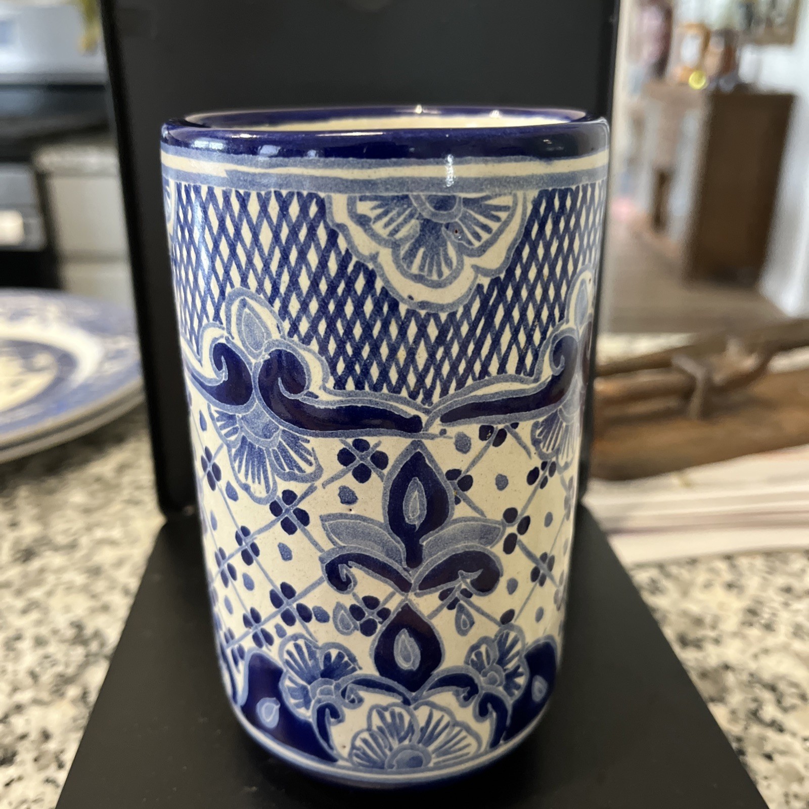 Vtg. Mexican Talavera Tumbler - Blue & White Hand-Painted Pottery Signed Vazquez Vtg. Mexican Talavera Tumbler - Blue & White Hand-Painted Pottery Signed Vazquez