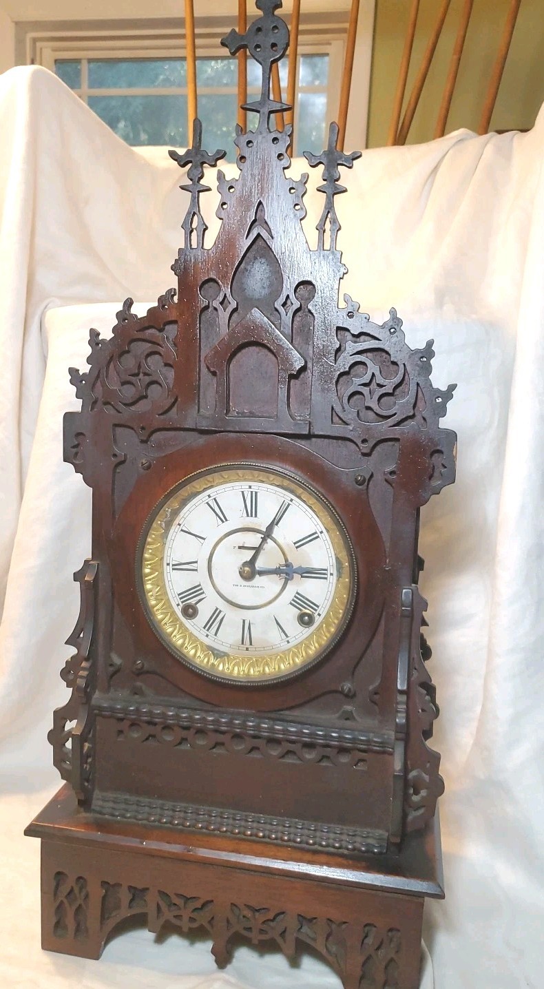 Antique E Ingraham Gothic Cathedral Fretwork Clock Carved Wood Scroll Saw 24”