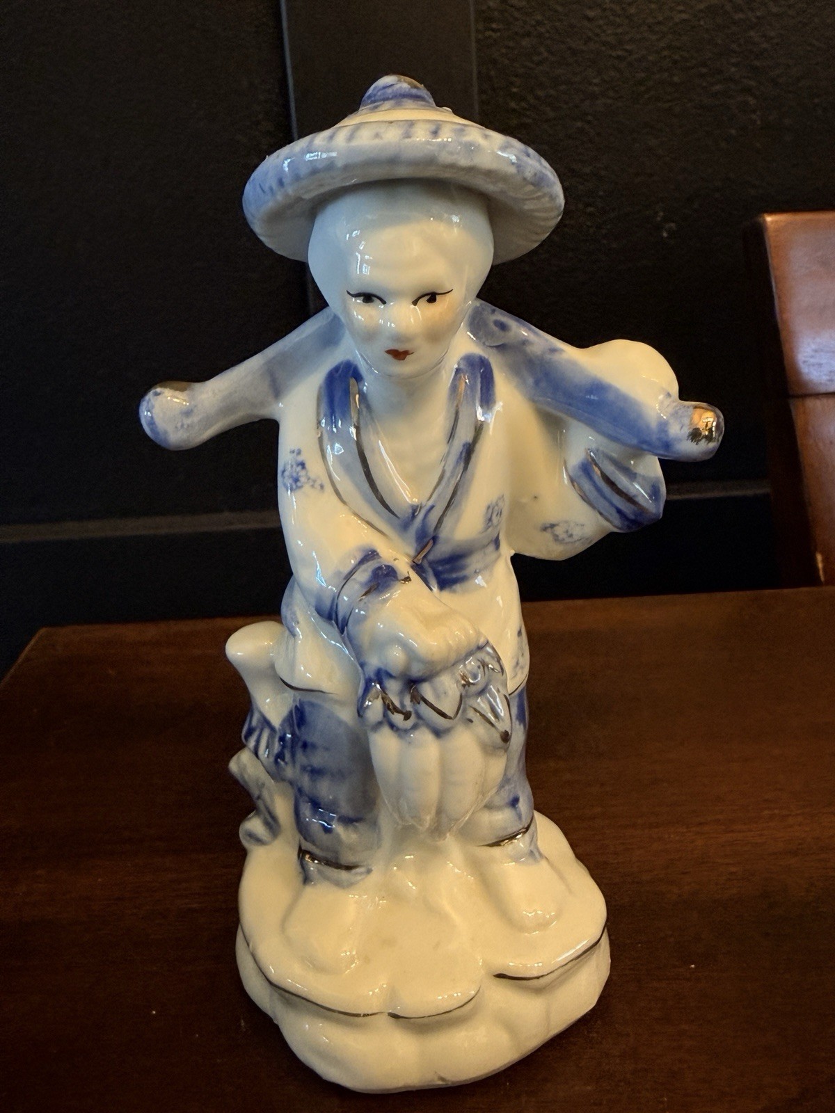 Sweet Vintage Blue & White Porcelain Figurines Woman Fishing Villagers 6” Sweet Vintage Blue & White Porcelain Figurines Woman Fishing Villagers 6”