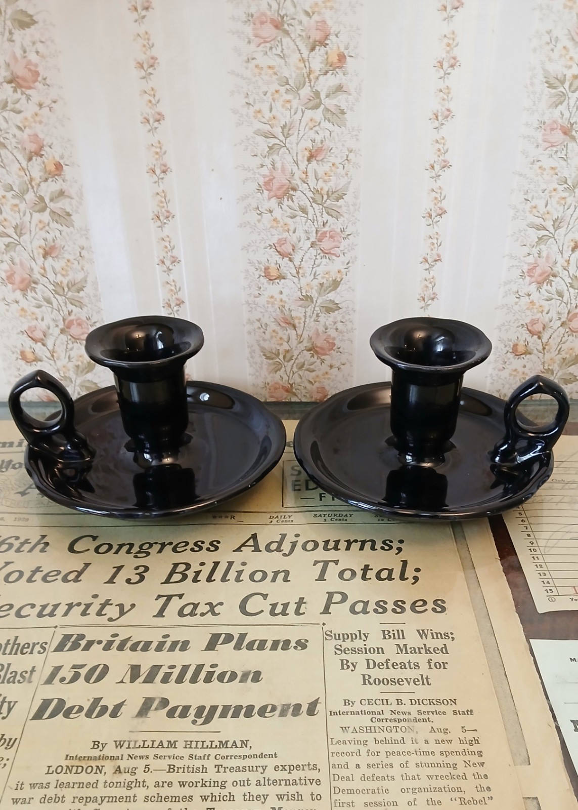 Pair Of Mid-Century Hall China Black Chamberstick Candle Holders w Loops Vintage