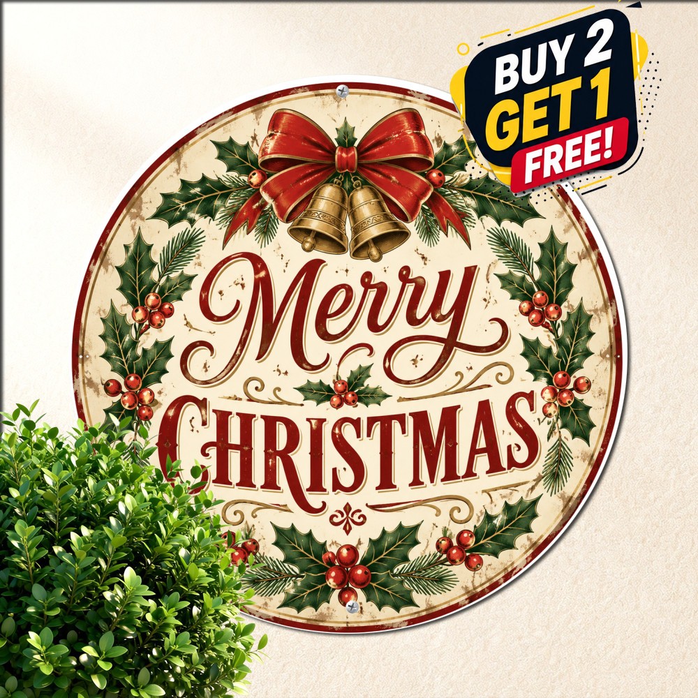 Merry Christmas Festive Holiday Round Metal Sign Winter Seasonal Tin Plaque