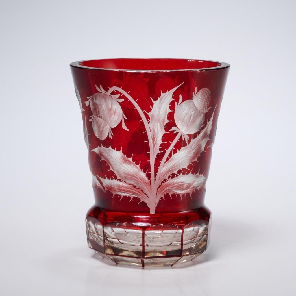 Vintage Bohemian Ruby Red Flash Cut Clear Crystal Vase Hand Engraved Thistle