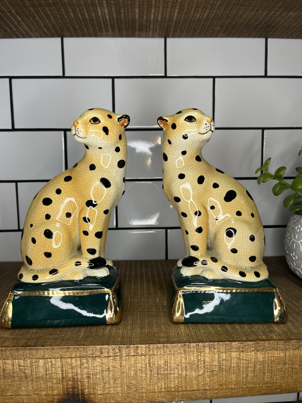Vintage Takahashi San Francisco Leopard Bookends Pair Crackle Glaze Japan MCM