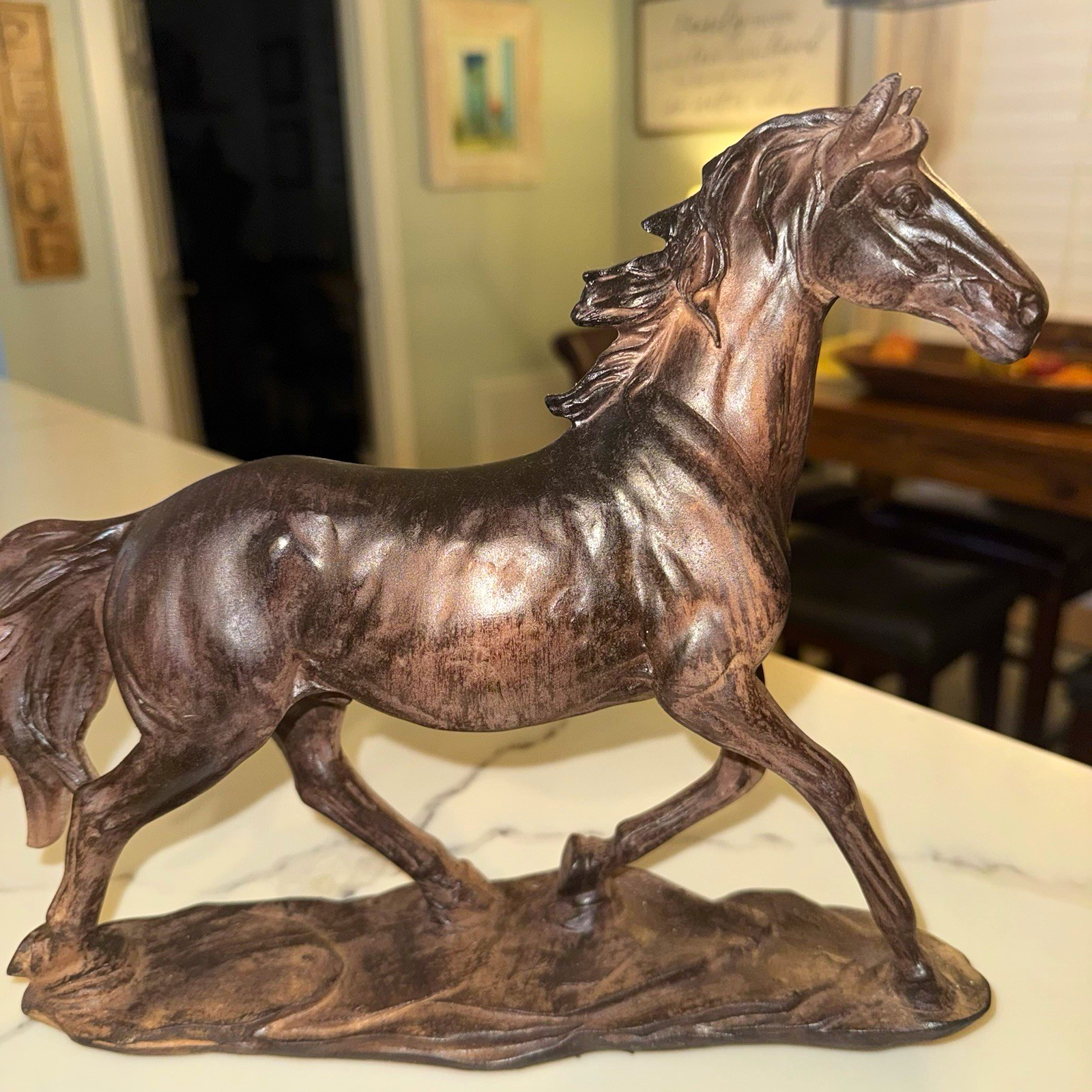 Running Horse Figurine Sculpture Bronze Tone Resin Equestrian Decor 11”