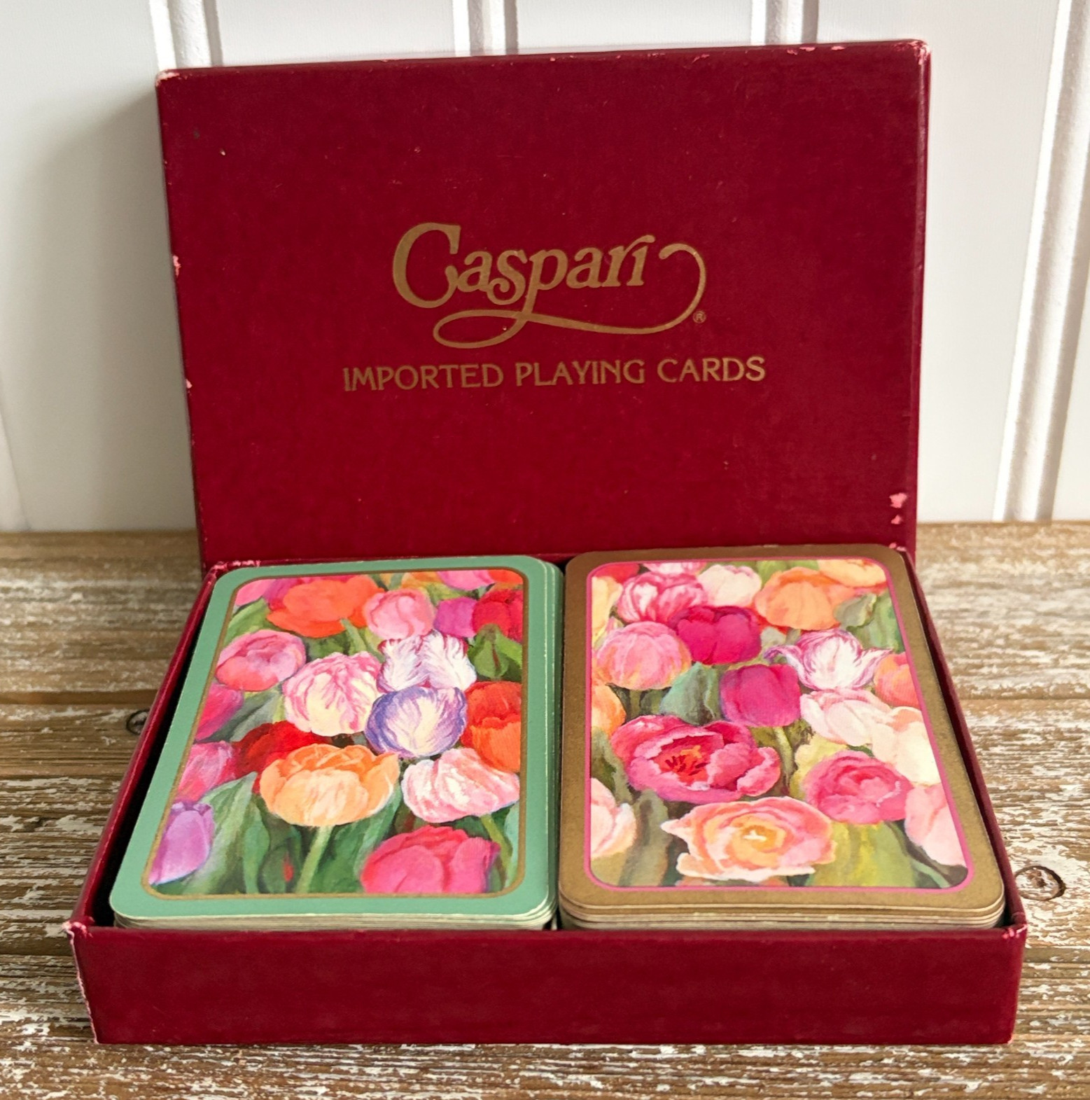 Vtg Caspari Double Deck Playing Cards Tulips Flowers Belgium Mary Ann Perkins