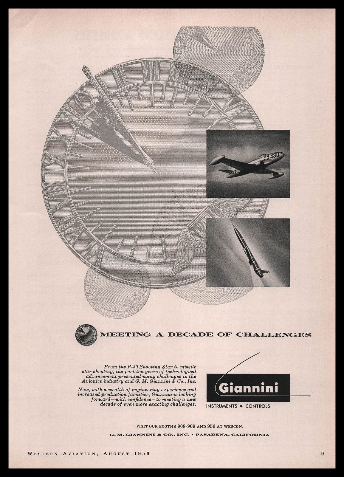 1956 G M Giannini Pasadena California P-80 Shooting Star Sundial Clock Print Ad