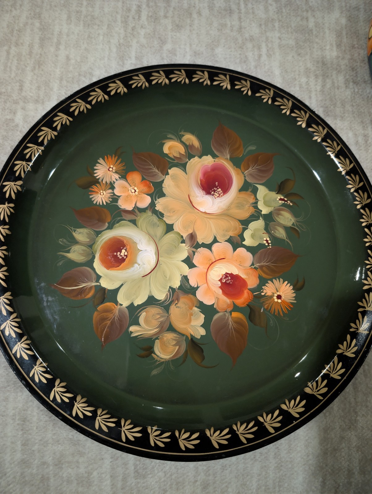 Vintage Russian Zhostovo Metal Serving Tray Hand Painted Floral Folk Art USSR
