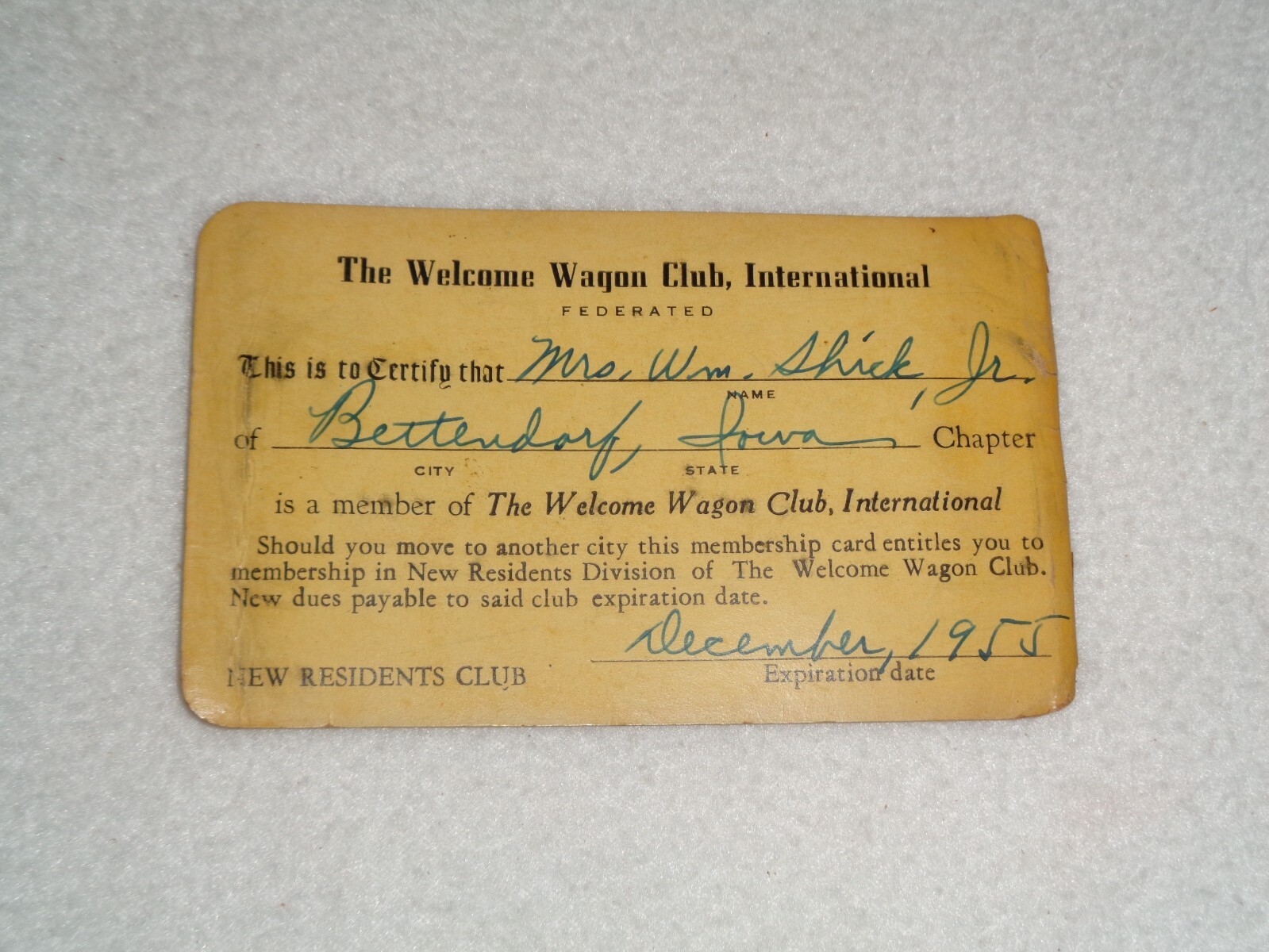 1955 Welcome Wagon Club International Iowa Rare Original Membership Card 1955 Welcome Wagon Club International Iowa Rare Original Membership Card