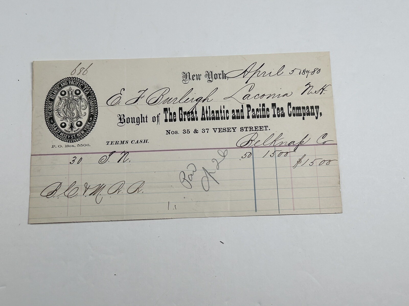 Letterhead Billhead Great Atlantic + Pacific Tea Company April 1878