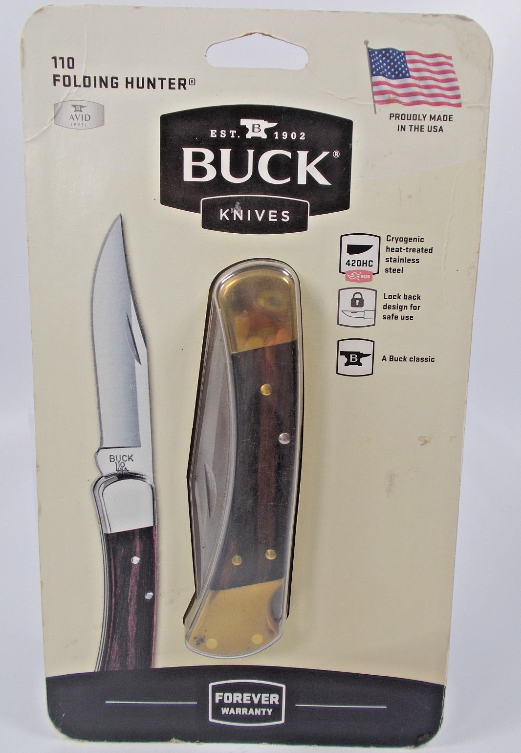 Vintage Buck Knife 110 USA In Unopen Bubble Pack Black Sheath..NOS