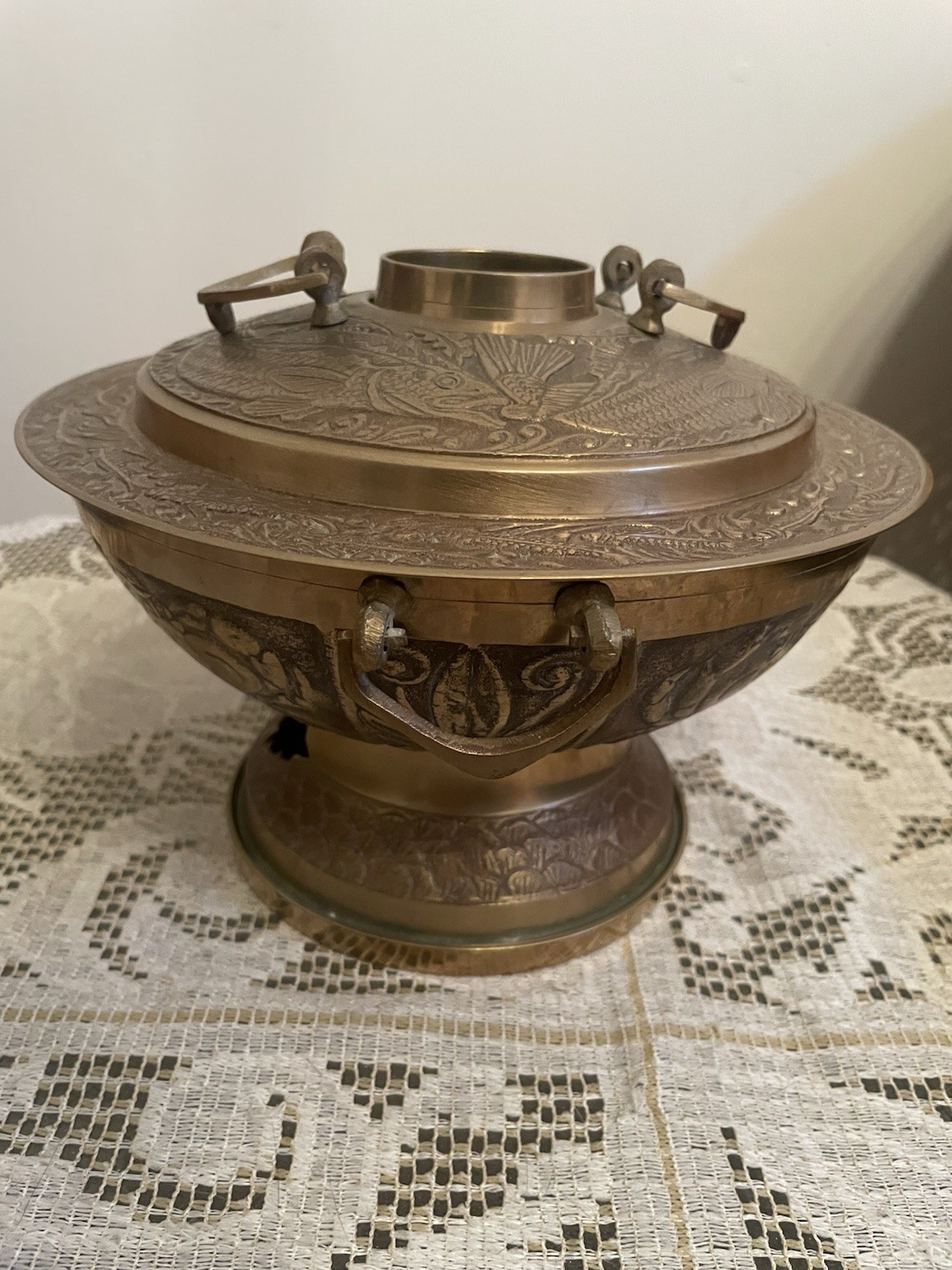 Vintage Korean Brass Hot Pot Chafing Dish Ornate Fish Shabu Shin Sul Lo Steamer Vintage Korean Brass Hot Pot Chafing Dish Ornate Fish Shabu Shin Sul Lo Steamer