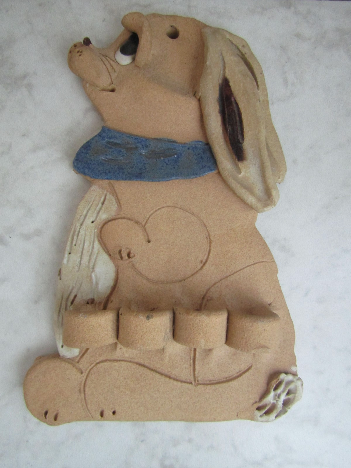 Hand Painted Clay Pottery Rabbit w/Hankerchief Kitchen Spoon Holder Wall Hanging