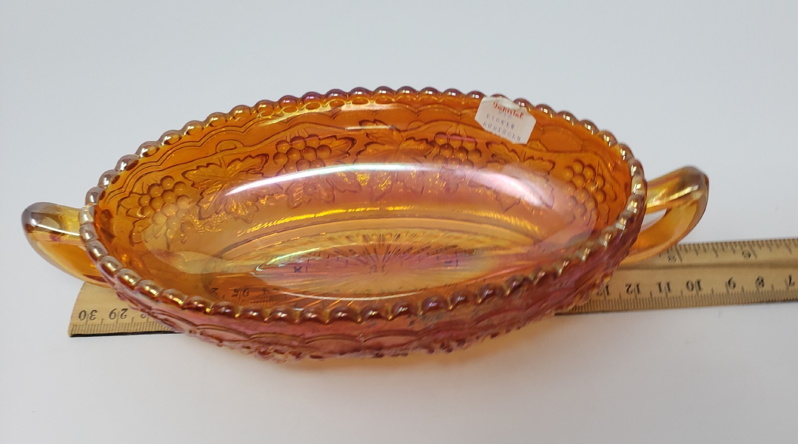 Imperial Rubigold Carnival Glass Pickle Dish Leaf Grapes Vintage Glassware