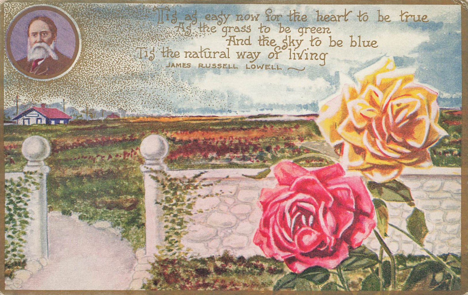 JAMES RUSSELL LOWELL POEM GREETING POSTCARD RED YELLOW ROSE TRAIN STATION 1910s