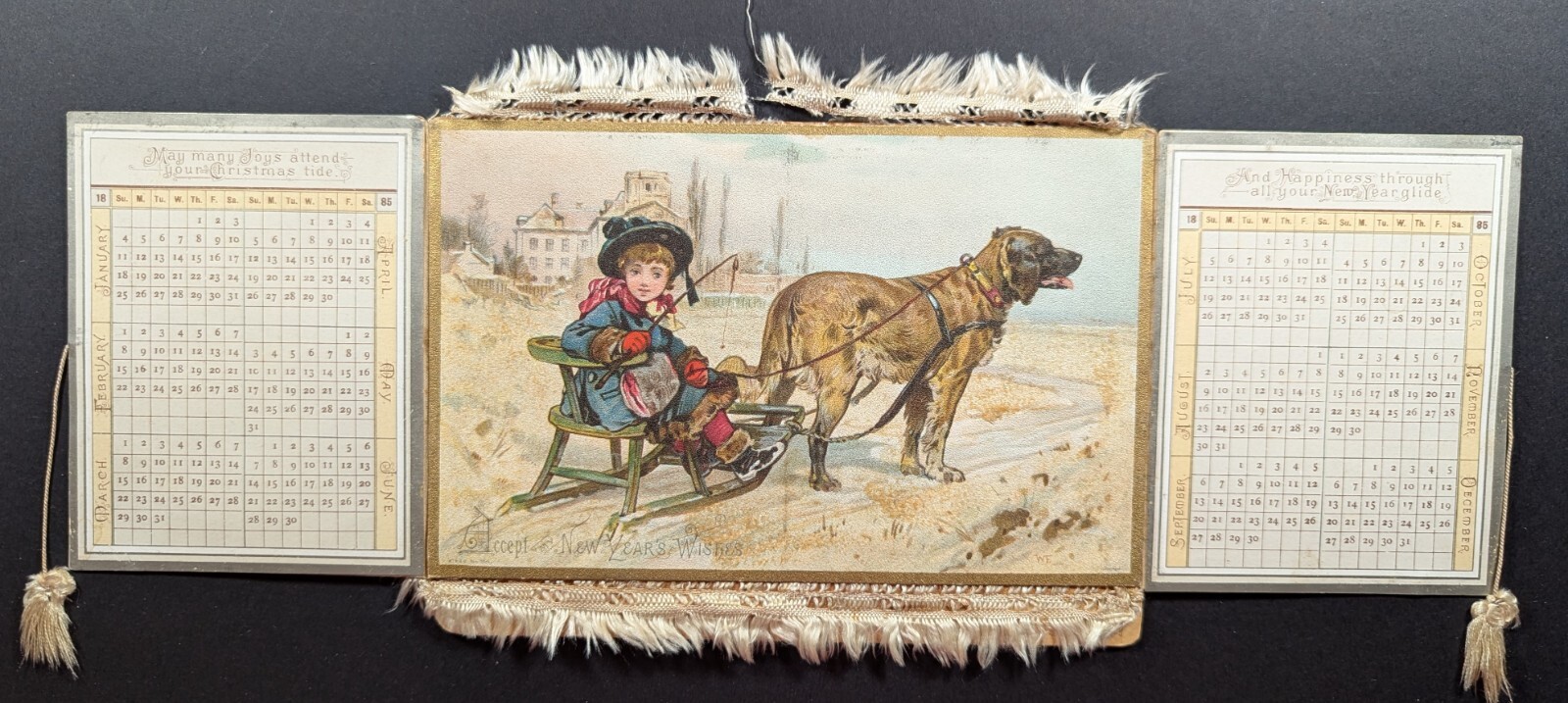 Antique 1885 Seasons Greetings Girl Sled Dog Fold Out Calendar (Some Wear)