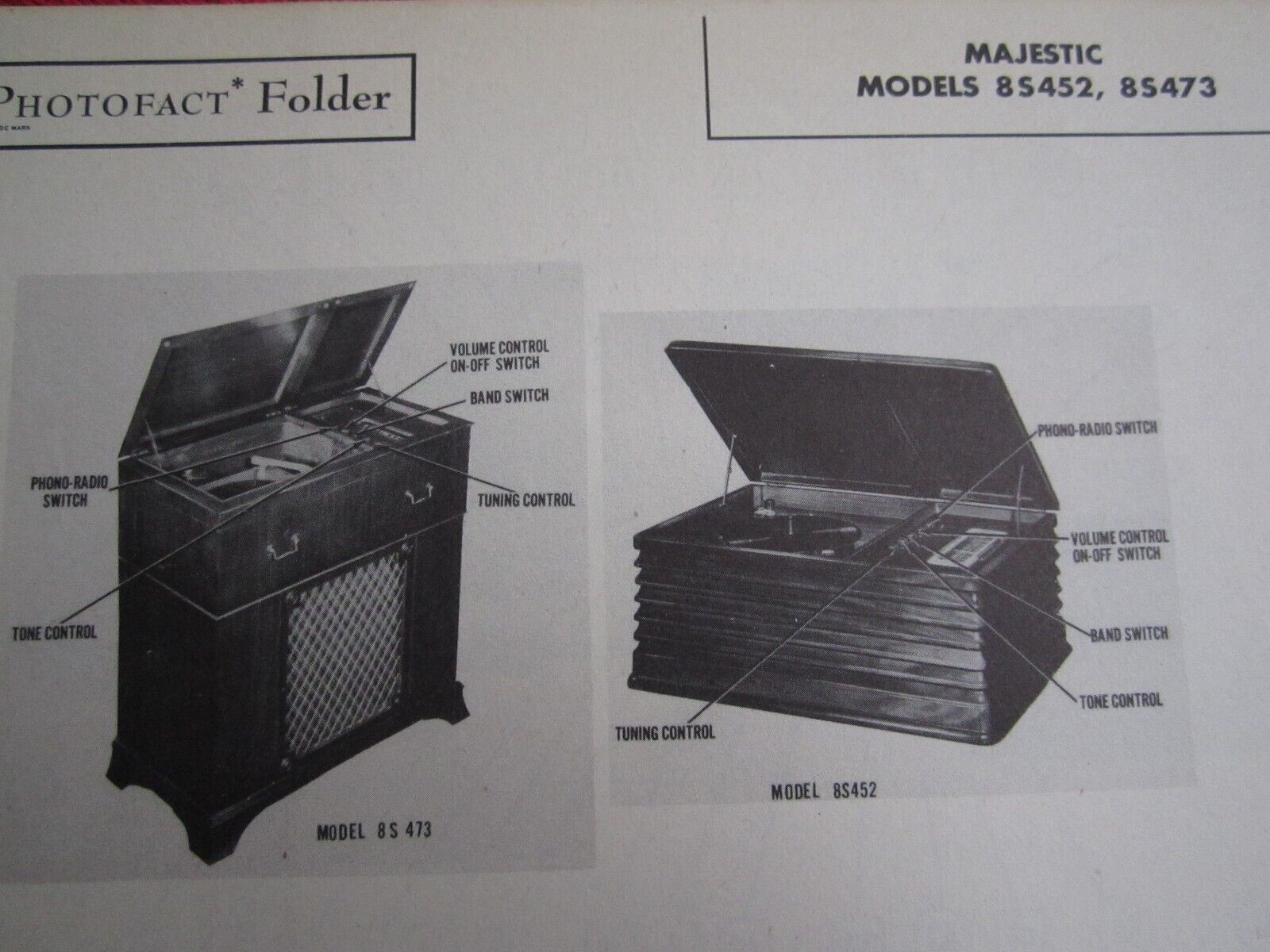 MAJESTIC 8S452 & 8S473 PHONOGRAPH - RADIO PHOTOFACT