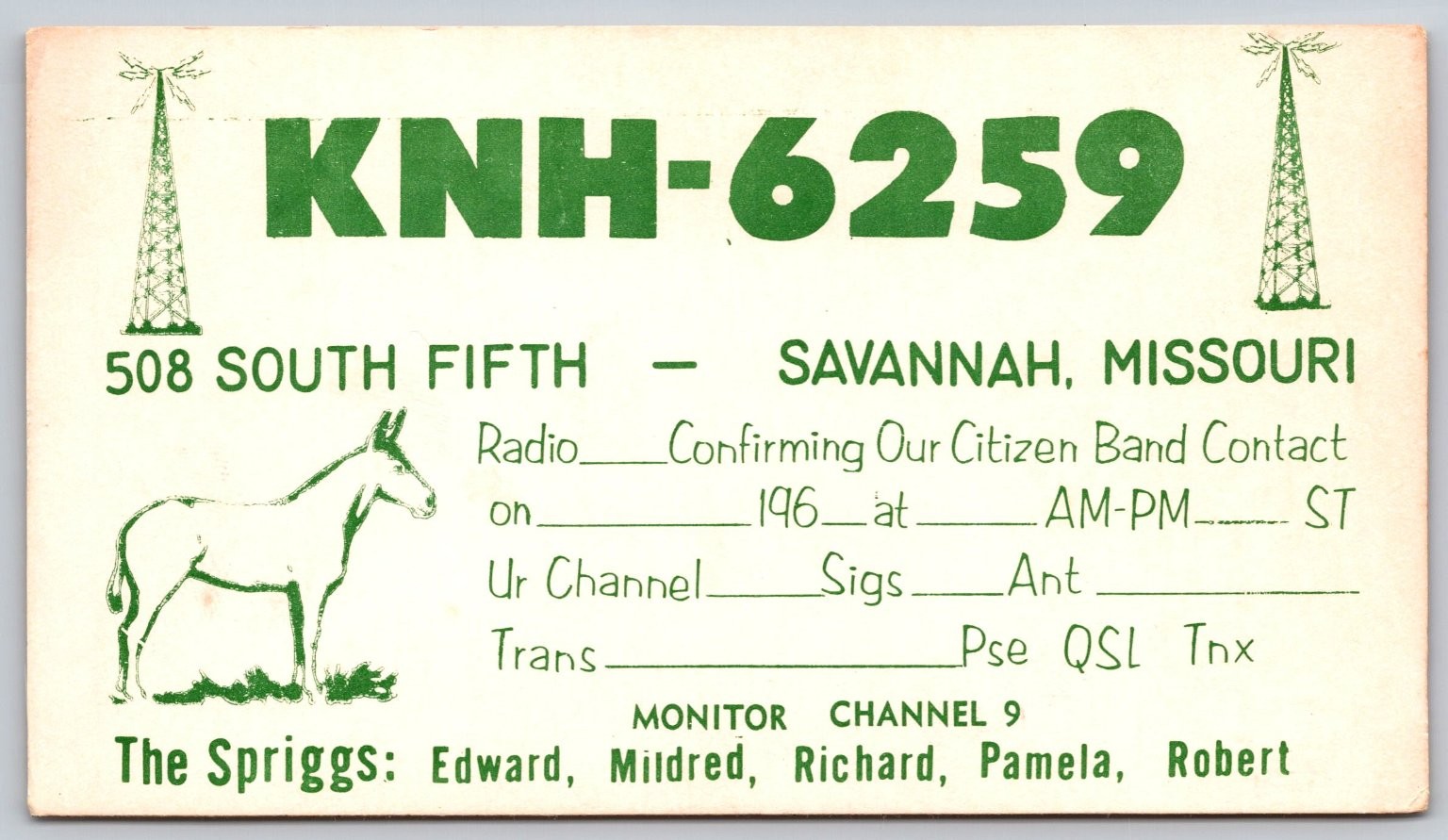 Vintage KNH-6259 CB Radio QSL Postcard Savannah Missouri 1960s Donkey B50