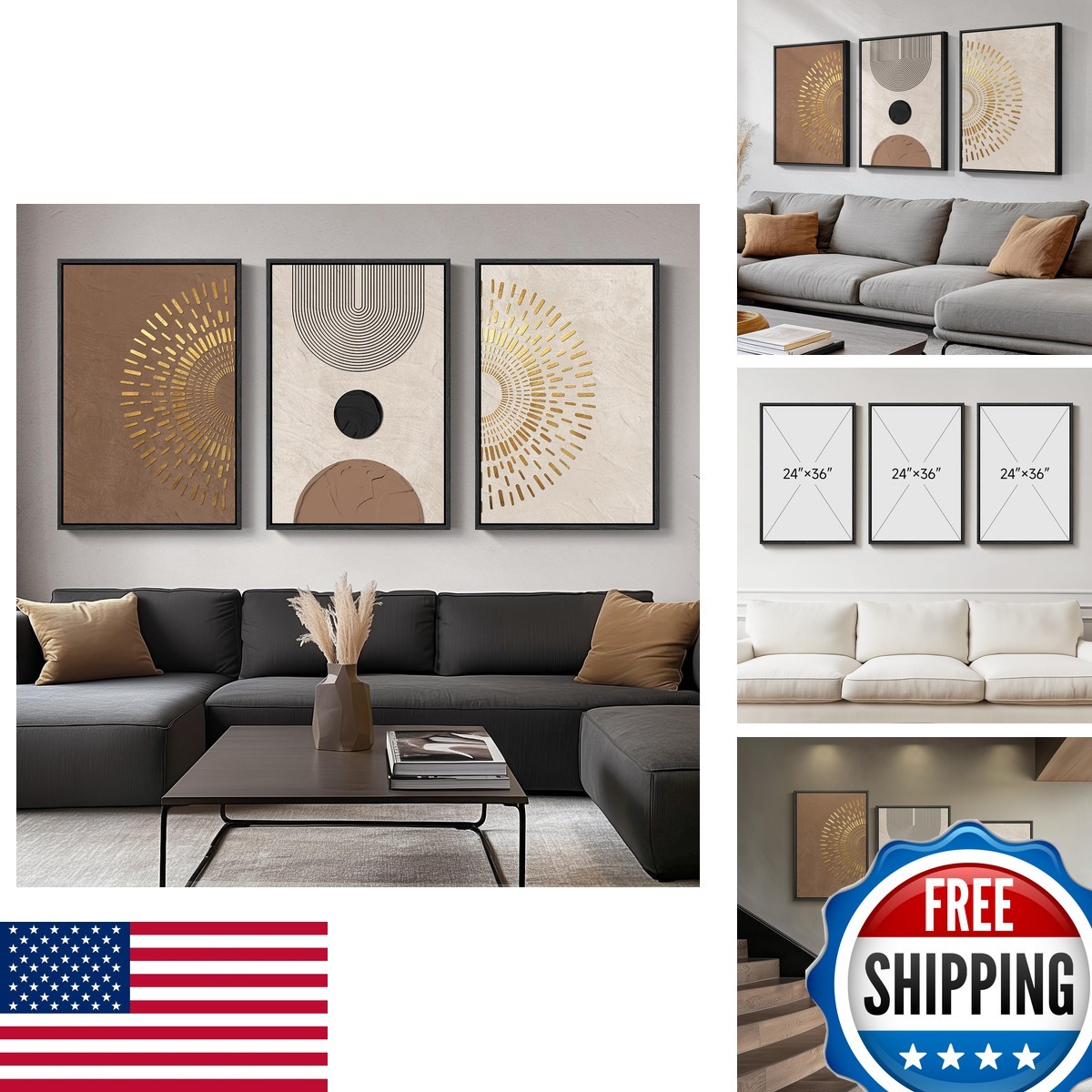 Cuspin Framed Boho Neutral Abstract Wall Art 3 Piece 24x36 for Living Room