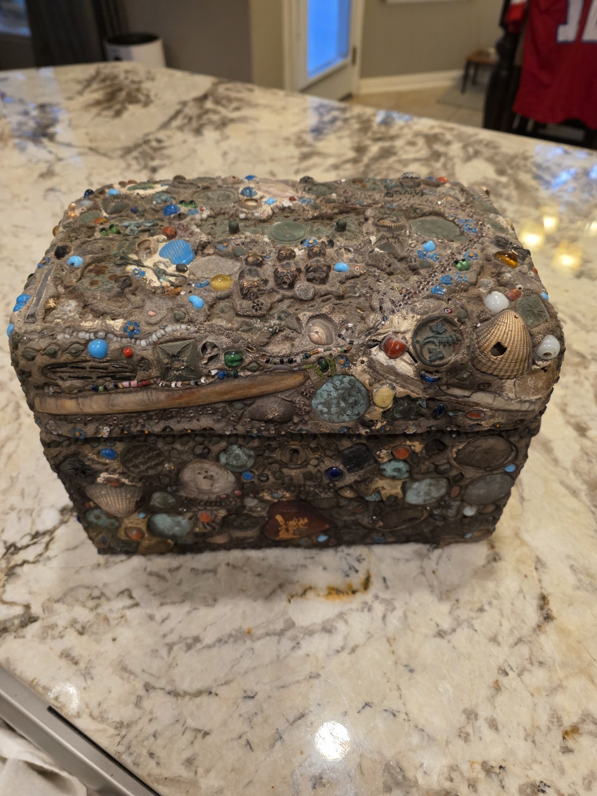 ANTIQUE FOLK ART AMERICANA TREASURE CHEST TRUNK VICTORIAN COINS BUTTONS TRINKETS