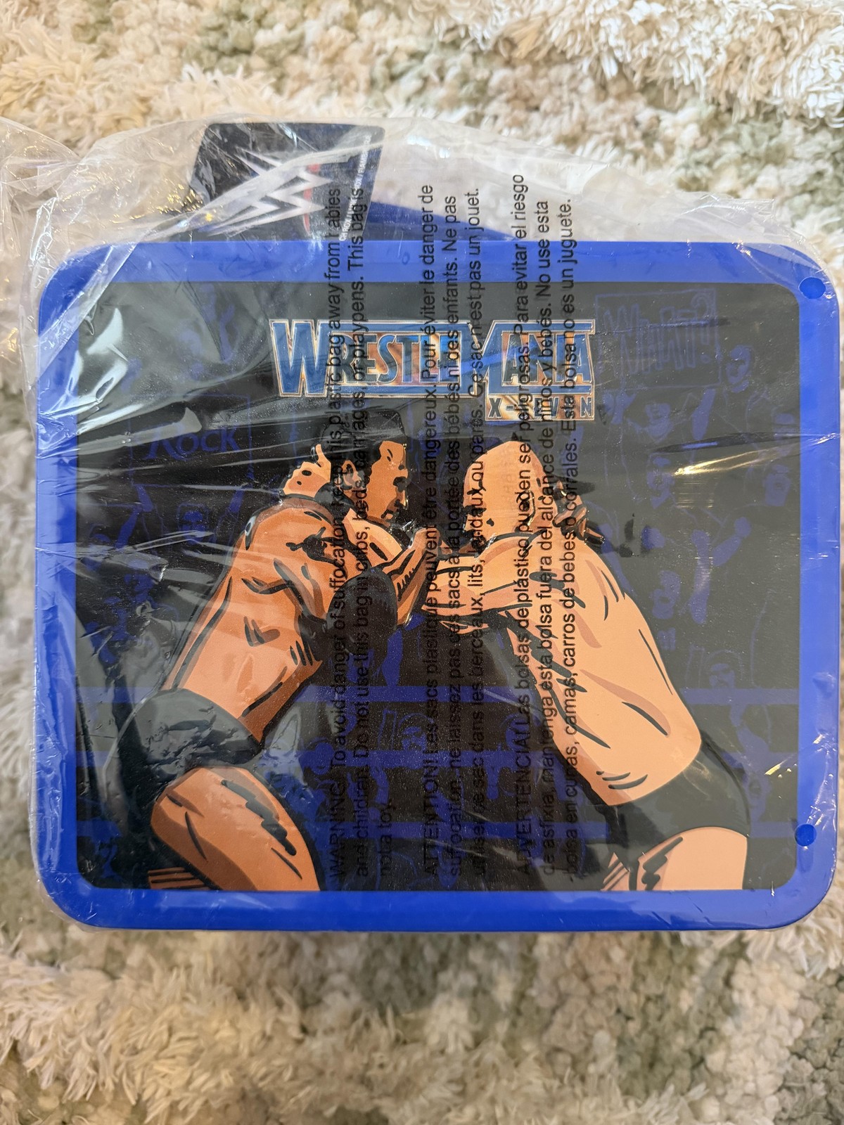 Vintage WWE WrestleMania X-Seven Blue Metal Lunch Box Tin Stone Cold Skull Logo