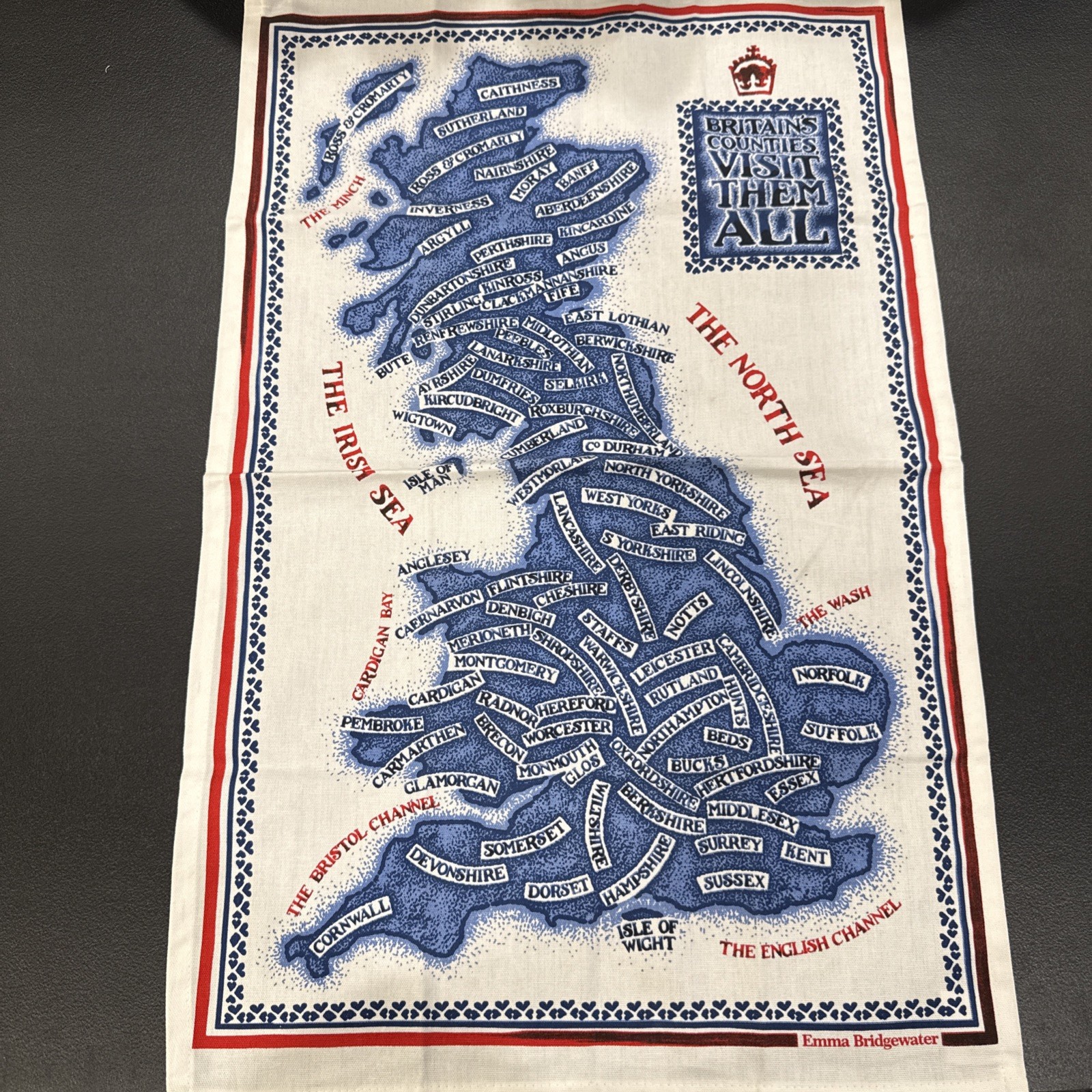 Emma Bridgewater London England Tea Towel Unused Map Britains Counties Blue Flaw