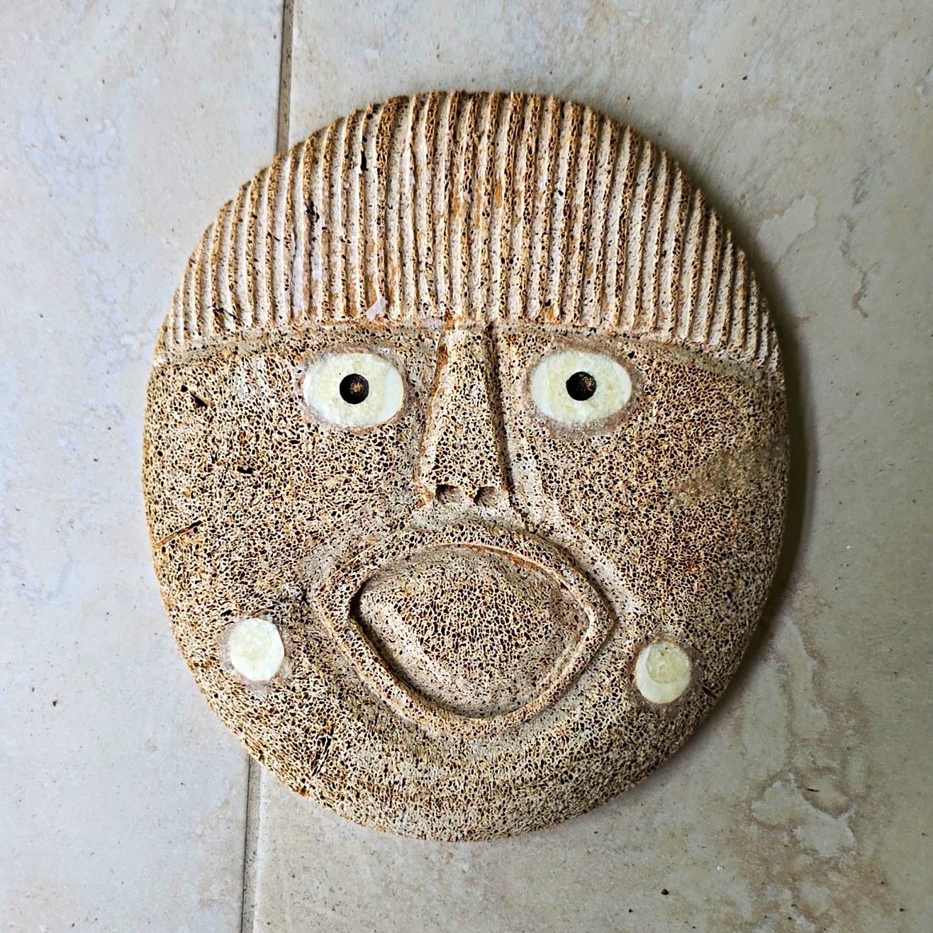 African Style Hand Carved Round Face Mask Wall Hanging, Textured Stone/Clay