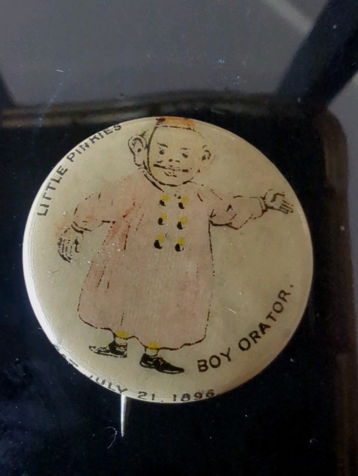 1896 Little Pinkies BOY ORATOR Pepsin Gum Pinback  Floating Display Case Antique