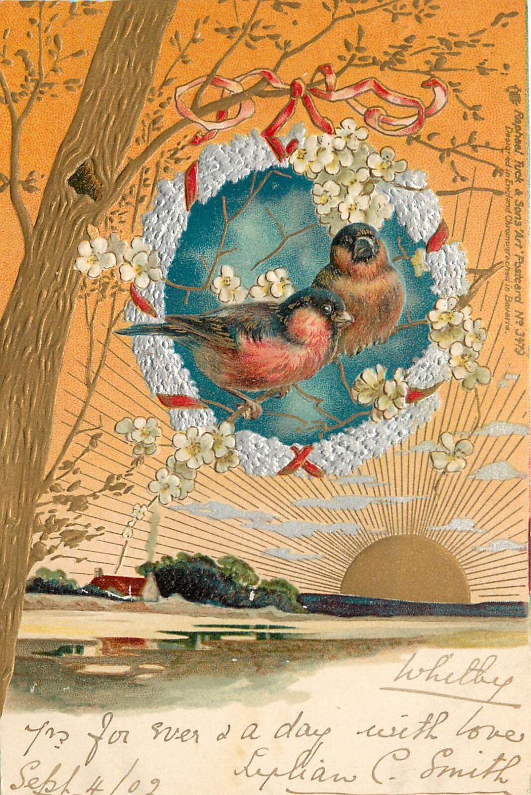 UDB Embossed Tuck Art Postcard 3473 Rays of Golden Sun, Birds in Wreath, 1902