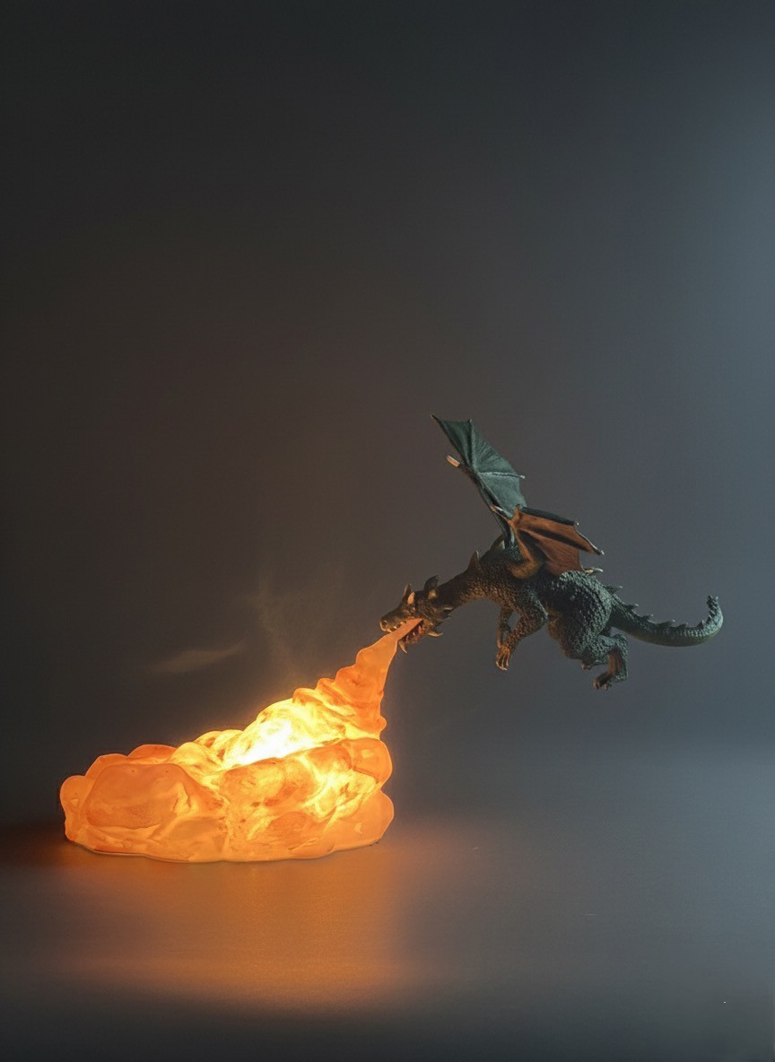 3D Printed Dragon Fire Lamp, Fantasy Gothic Night Light, Medieval DnD Decor