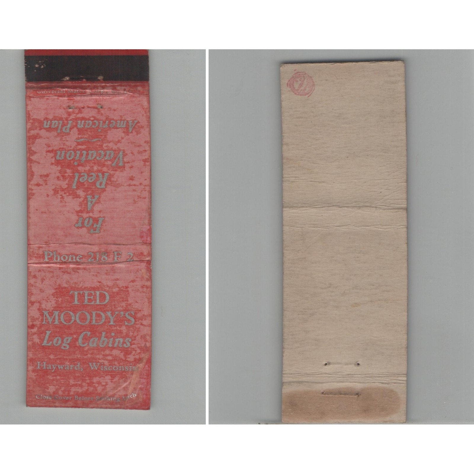 Matchbook Cover Ted Moody\'s Log Cabins Hayward WI