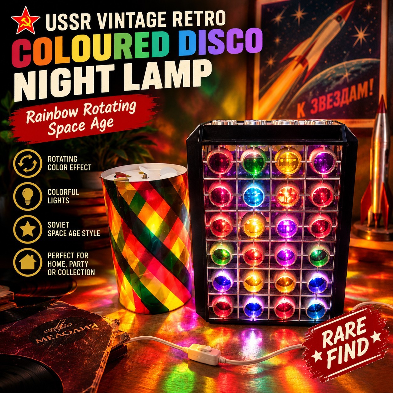 USSR Vintage Retro Coloured Disco Night Lamp Rainbow Rotating Space Age