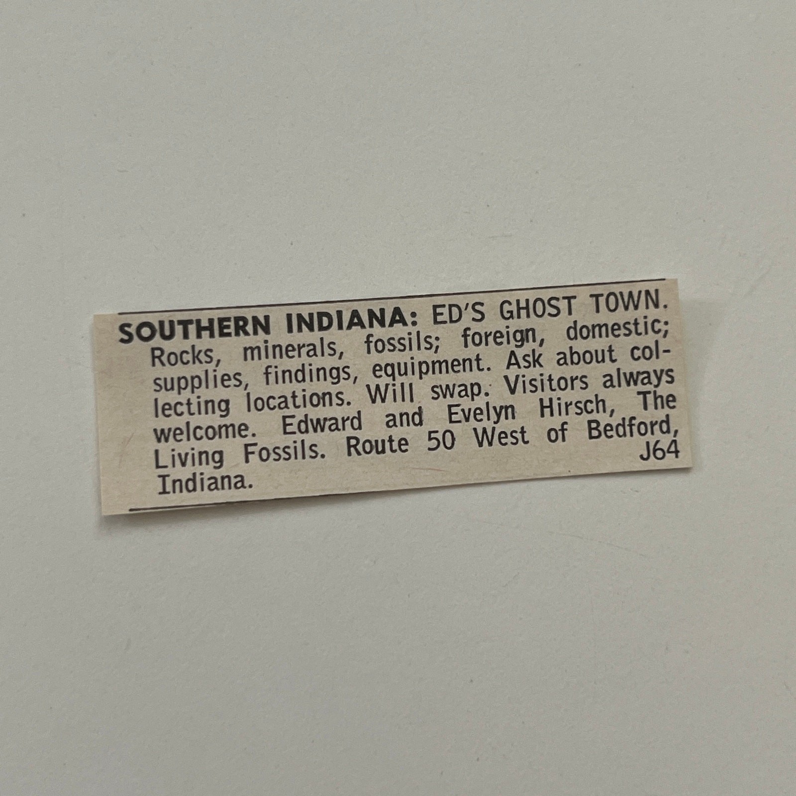 Ed's Ghost Town Rocks Minerals Fossils Foreign Bedford IN 1968 Ad SAH8-S51