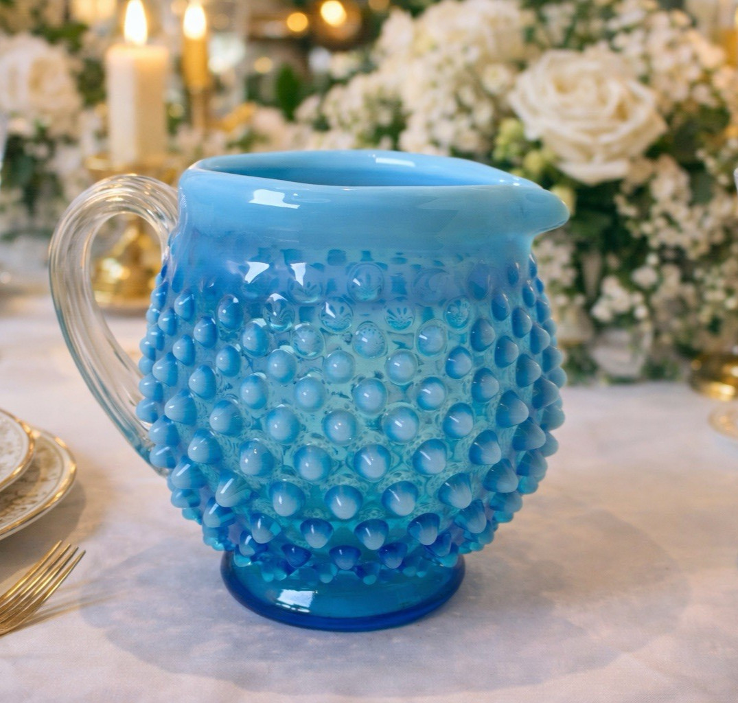 Fenton Hobnail Blue Opalescent Glass Pitcher creamer milk MCM USA