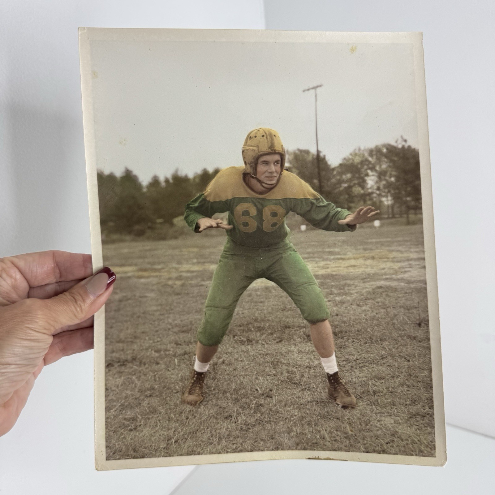 1940s Football Player Color Photo Athlete Green Gold #68 8x10 Leather Helmet