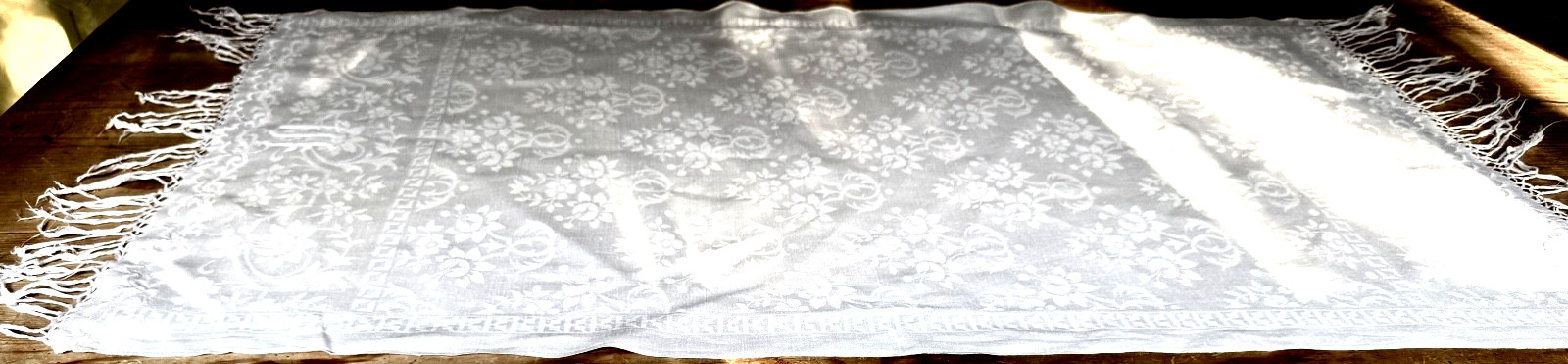 Antique Handwoven French Damask Table Runner with \ Antique Handwoven French Damask Table Runner with \
