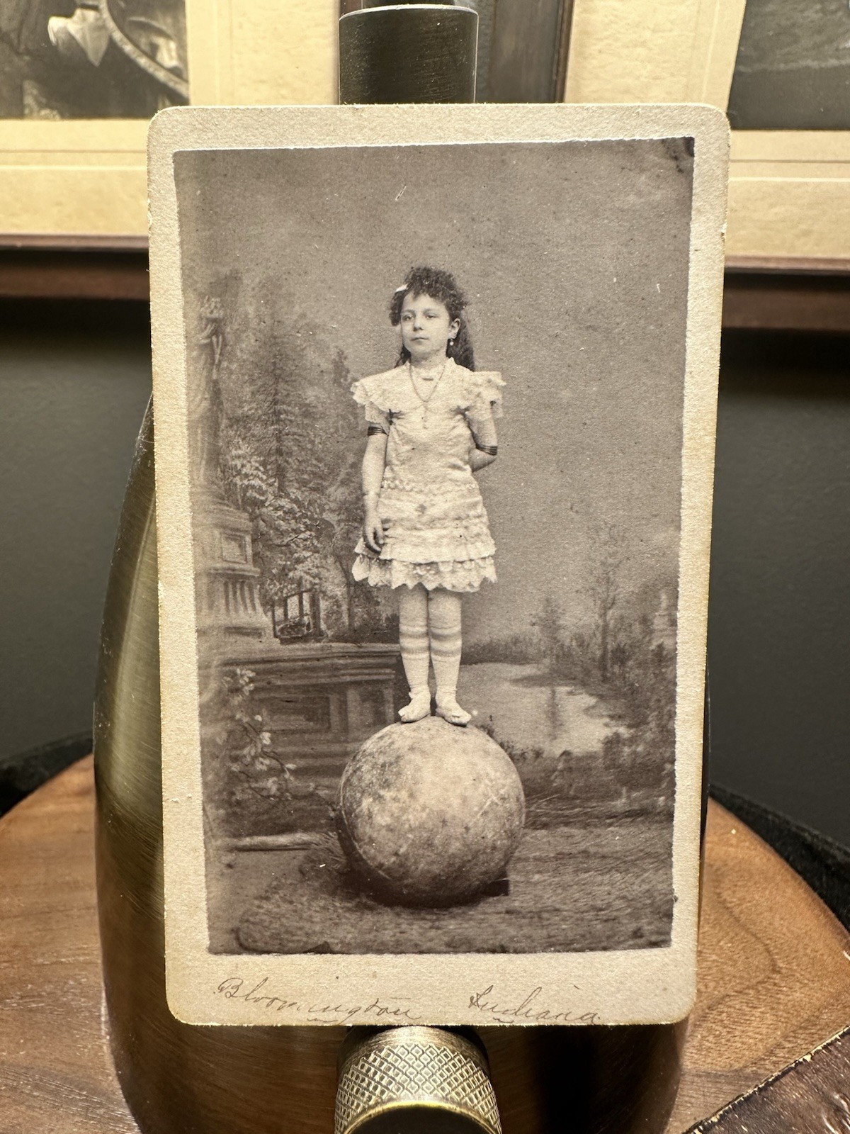 Rare CDV Photo ID\'d GIRL ACROBAT Balancing on Ball Circus & Sideshow Pawnee Bill